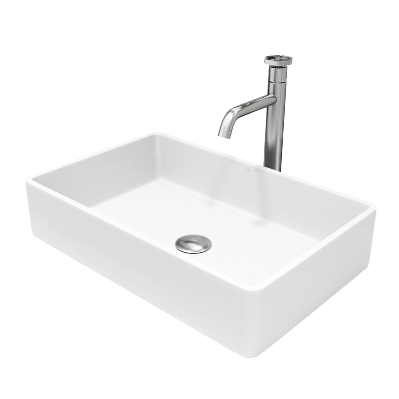 VIGO Magnolia MatteStone White Bathroom Sink/Basin Set with Ruxton Faucet and Rectangular Composite Vessel H4