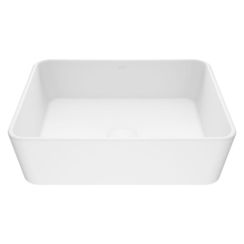 VIGO Marigold Matte Stone Rectangular Composite Vessel Bathroom Sink/Basin with Rounded Edges & Deep Bowl, White A5