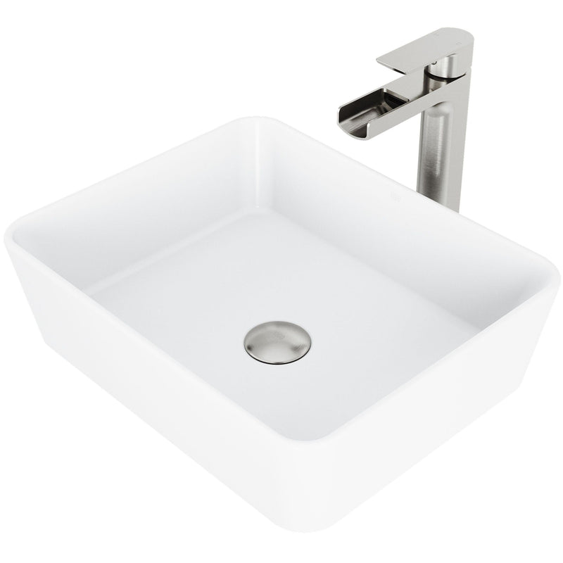 VIGO Marigold MatteStone Matte White Bathroom Sink/Basin Set with Amada Faucet and Rectangular Composite Vessel X3