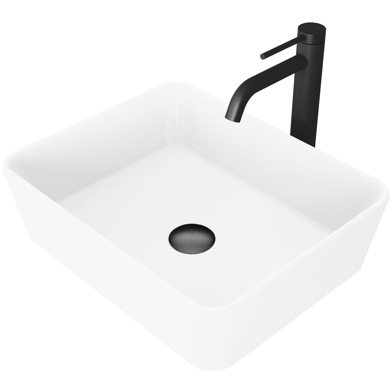 VIGO Marigold MatteStone Matte White Bathroom Sink/Basin Set with Lexington Faucet and Rectangular Composite Vessel V7
