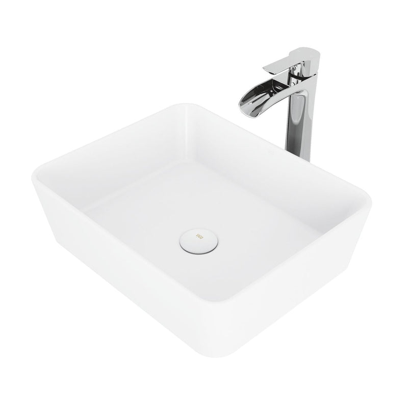 VIGO Marigold MatteStone Matte White Bathroom Sink/Basin Set with Niko Faucet and Rectangular Composite Vessel M7