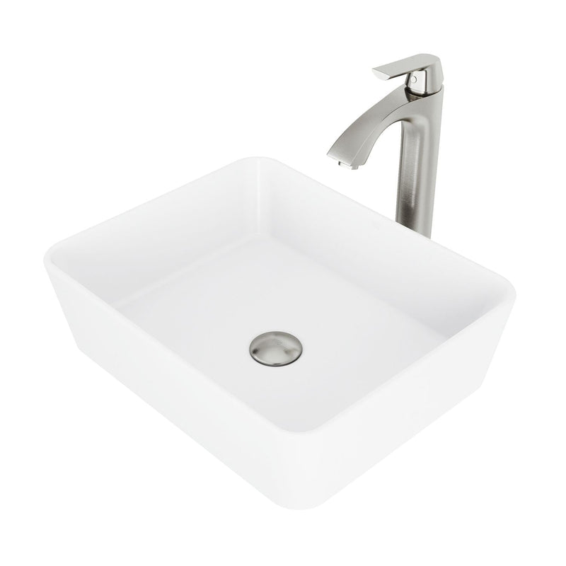 VIGO Marigold MatteStone White Bathroom Sink/Basin Set with Linus Faucet and Rectangular Composite Vessel G6