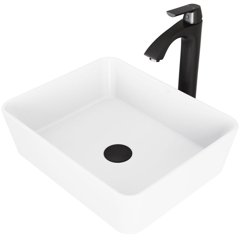 VIGO Marigold MatteStone White Bathroom Sink/Basin Set with Matte Black Linus Faucet and Rectangular Composite Vessel E7