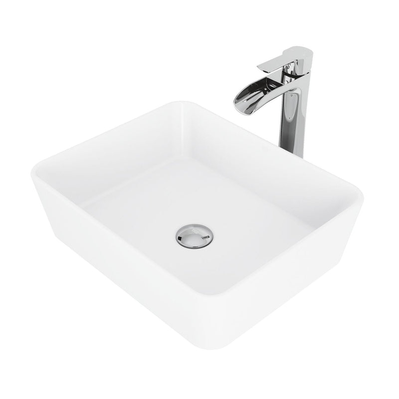 VIGO Marigold MatteStone White Bathroom Sink/Basin Set with Niko Faucet and Rectangular Composite Vessel D1