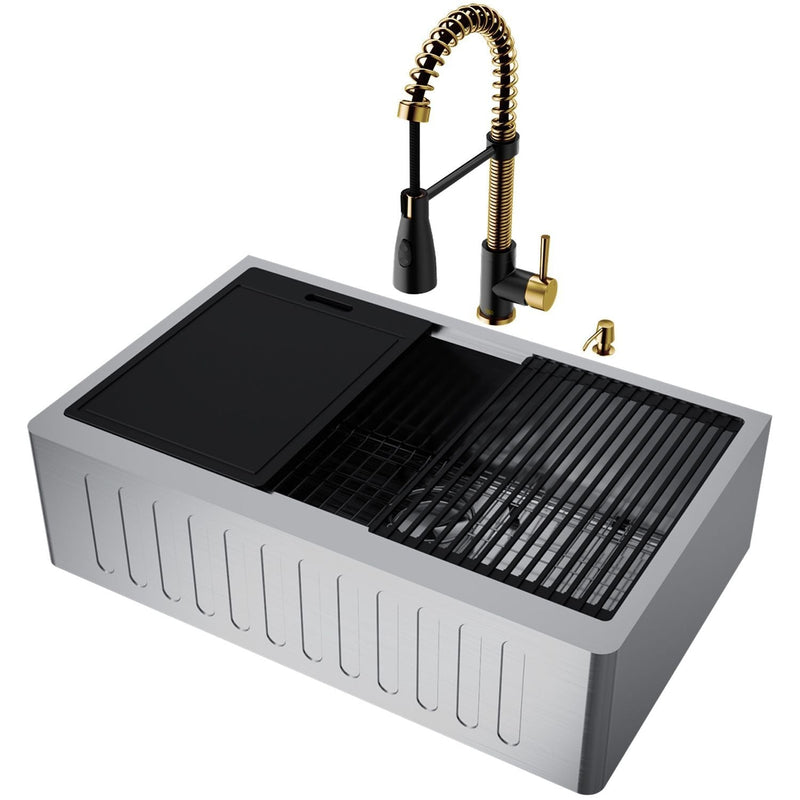 VIGO Oxford 33-in Single-Bowl Gold/Black Farmhouse Sink with Brant Faucet H9