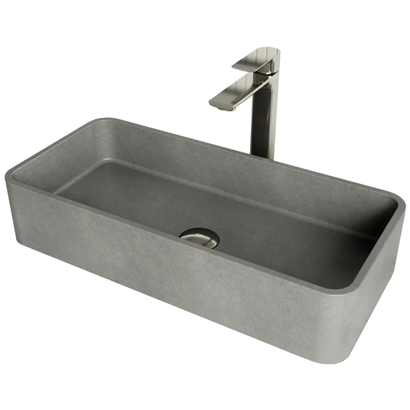 VIGO Palazzo Gothic ConcretoStone Grey Bathroom Sink/Basin Set with Niko Faucet and Rectangular Vessel N0