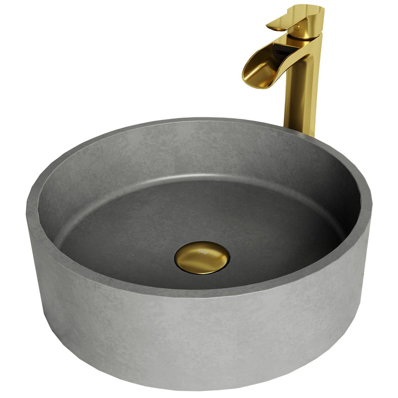 VIGO Palermo Gothic ConcretoStone Ash Grey Bathroom Sink/Basin Set with Niko Faucet and Round Vessel Q1