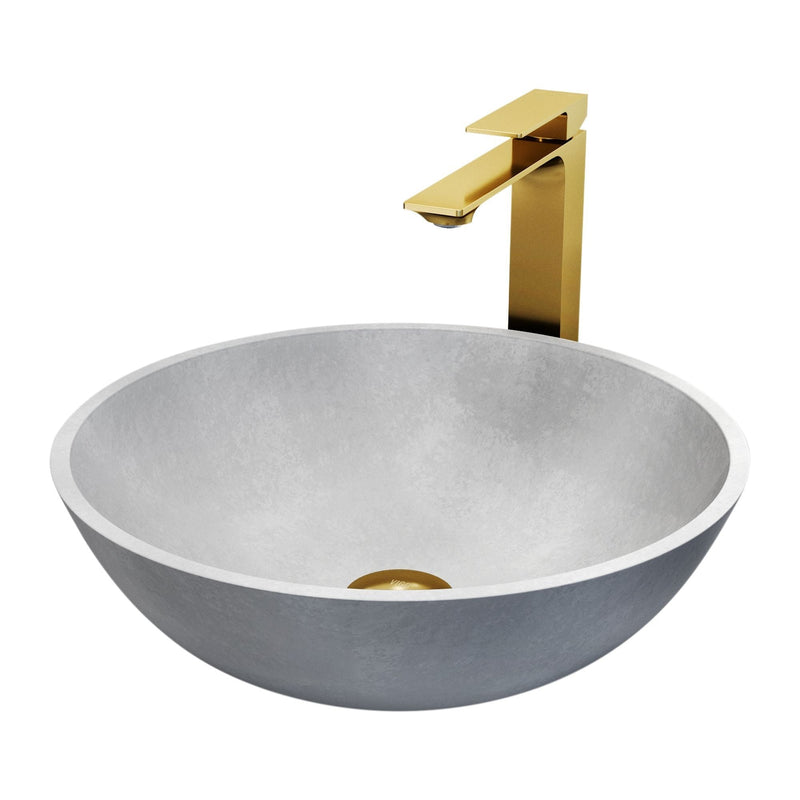 VIGO Ravenna Gothic ConcretoStone Grey Bathroom Sink/Basin Set with Dunn Faucet and Round Vessel F9