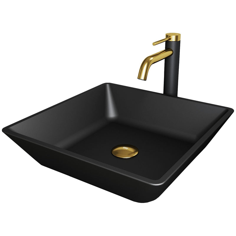VIGO Roma MatteShell Matte Black Bathroom Sink/Basin Set with Lexington Faucet and Glass Square Vessel V8