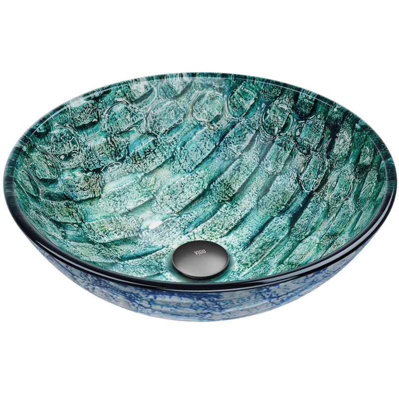 VIGO Round Glass Vessel Bathroom Sink/Basin with Scratch-Resistant Surface, Oceania R7