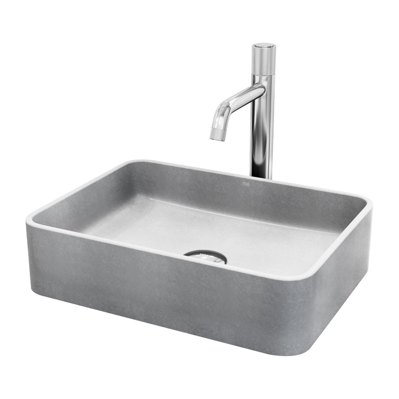 VIGO Segovia Gothic ConcretoStone Grey Bathroom Sink/Basin Set with Apollo Faucet and Rectangular Vessel Y4
