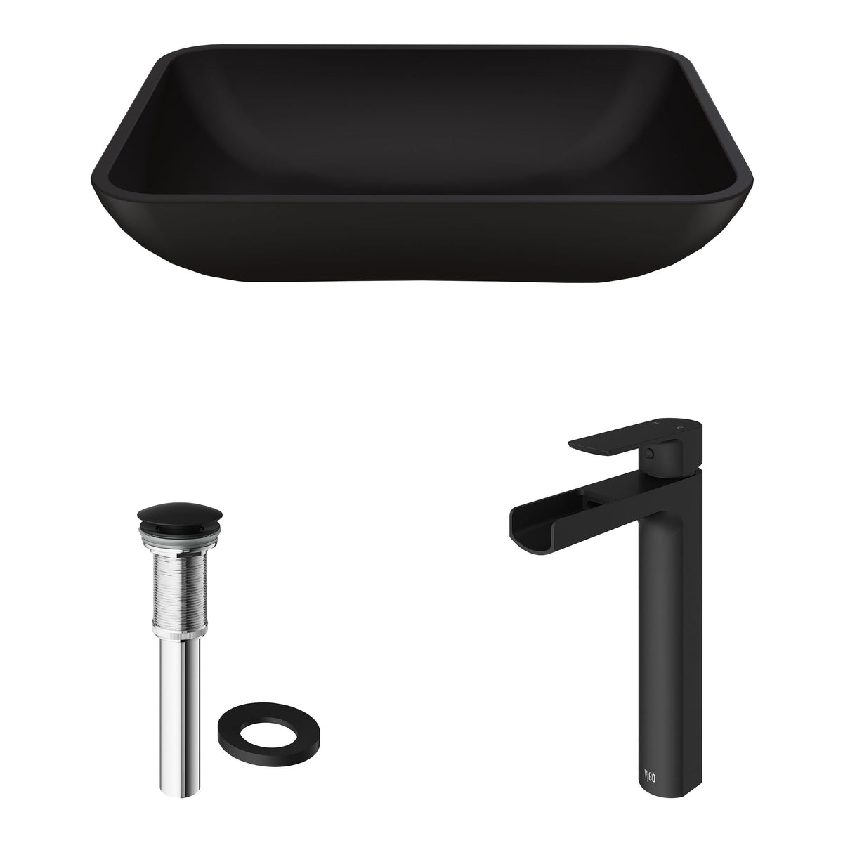 VIGO Sottile MatteShell Blue Bathroom Sink/Basin Set with Amada Faucet and Glass Rectangular Vessel