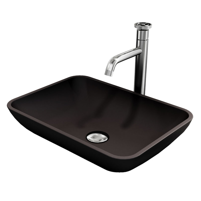 VIGO Sottile MatteShell Matte Black Bathroom Sink/Basin Set with Cass Faucet and Glass Rectangular Vessel F5