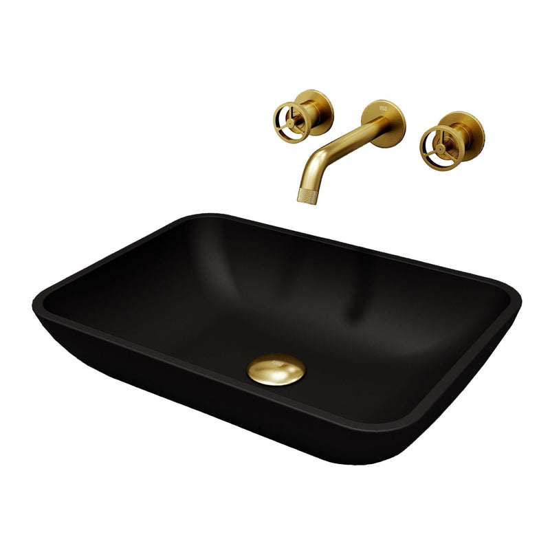 VIGO Sottile MatteShell Matte Black Bathroom Sink/Basin Set with Cass Wall Mount Faucet and Glass Rectangular Vessel M5