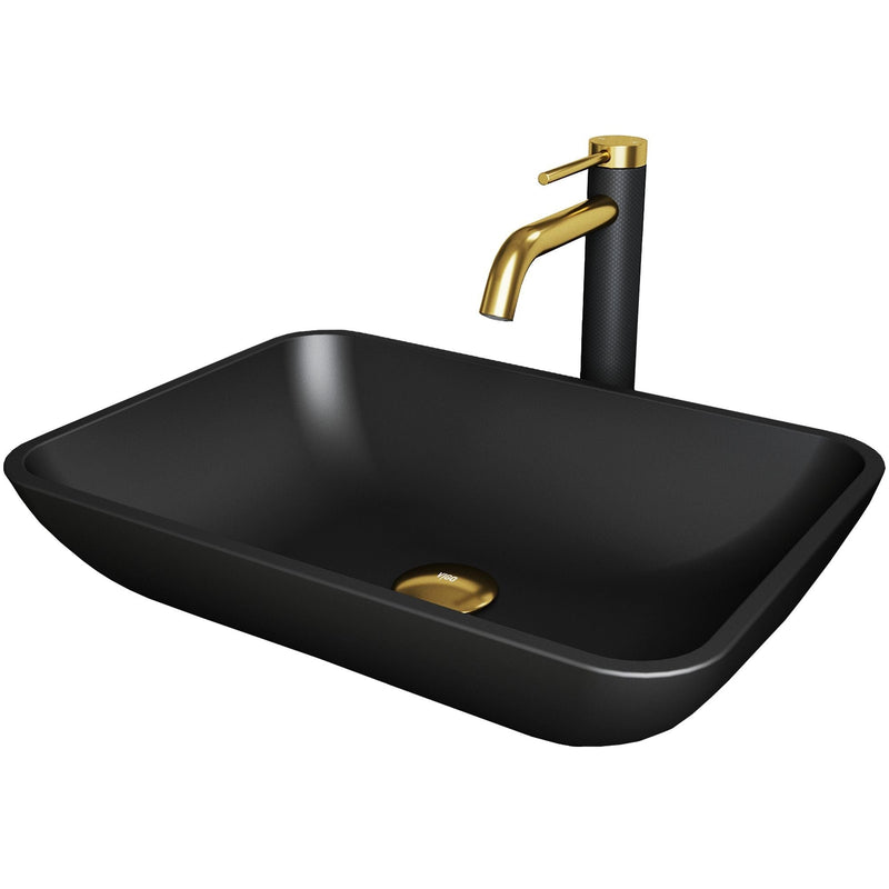 VIGO Sottile MatteShell Matte Black Bathroom Sink/Basin Set with Lexington Faucet and Glass Rectangular Vessel A1