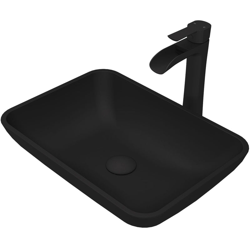 VIGO Sottile MatteShell Matte Black Bathroom Sink/Basin Set with Niko Faucet and Glass Rectangular Vessel S1