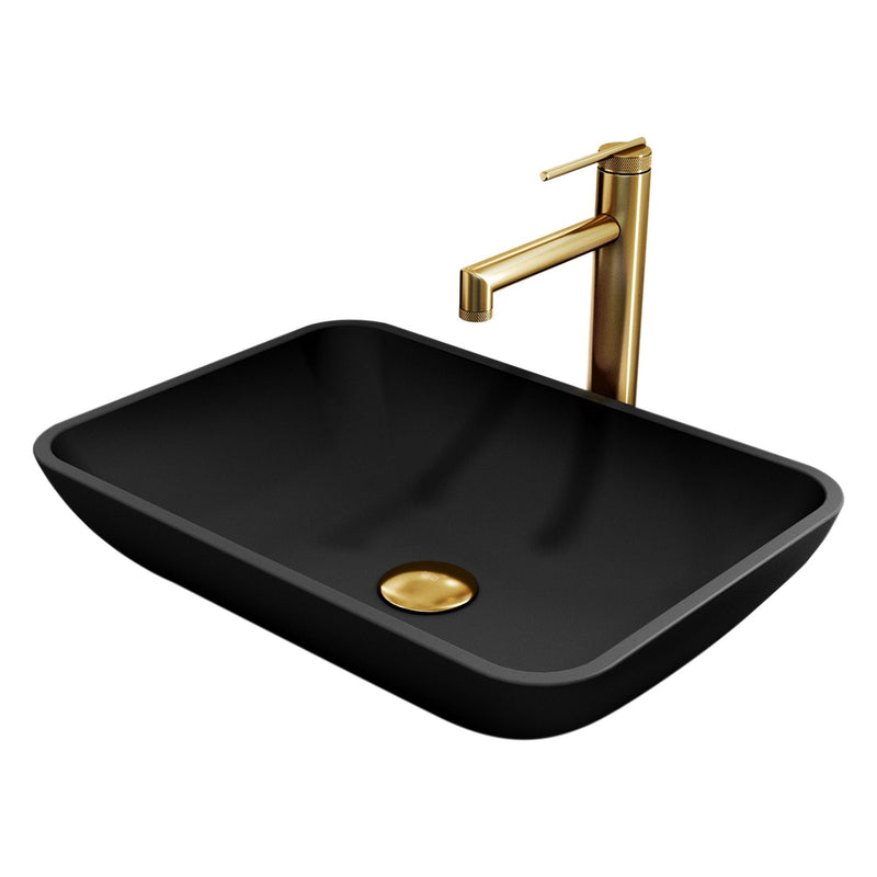 VIGO Sottile MatteShell Matte Black Bathroom Sink/Basin Set with Sterling Faucet and Glass Rectangular Vessel D2
