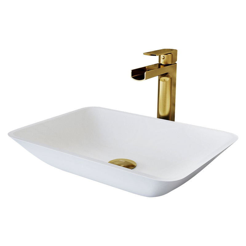 VIGO Sottile MatteShell White Bathroom Sink/Basin Set with Amada Faucet and Glass Rectangular Vessel K0