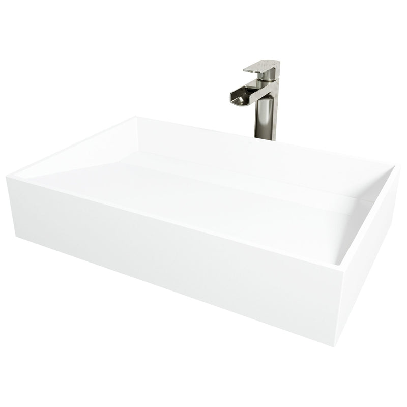 VIGO Starr Glass MatteStone White Bathroom Sink/Basin Set with Amada Faucet and Rectangular Composite Vessel T0