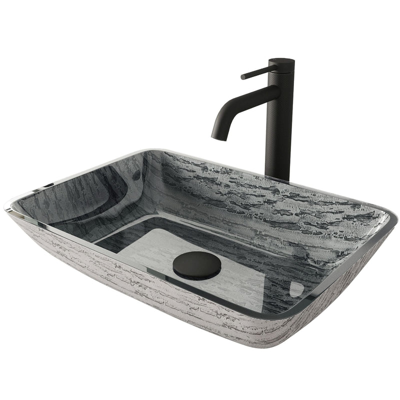 VIGO Titanium Glass Slate Grey Bathroom Sink/Basin Set with Lexington Faucet and Rectangular Vessel E3