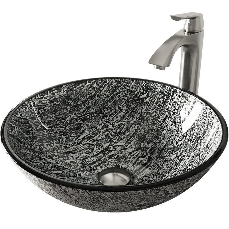 VIGO Titanium Glass Slate Grey Bathroom Sink/Basin Set with Linus Faucet and Round Vessel F9
