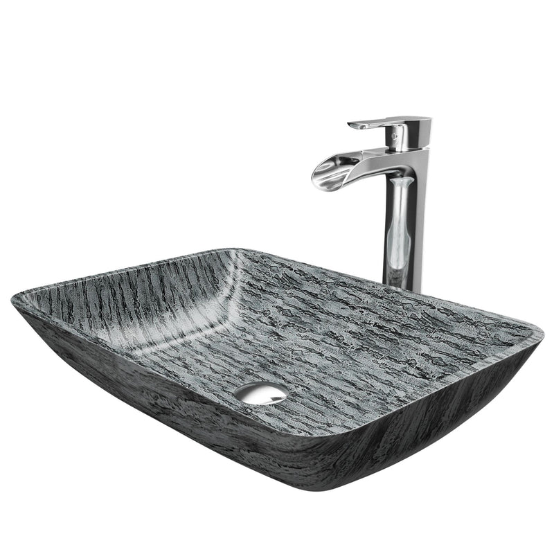 VIGO Titanium Glass Slate Grey Bathroom Sink/Basin Set with Niko Faucet and Rectangular Vessel N2