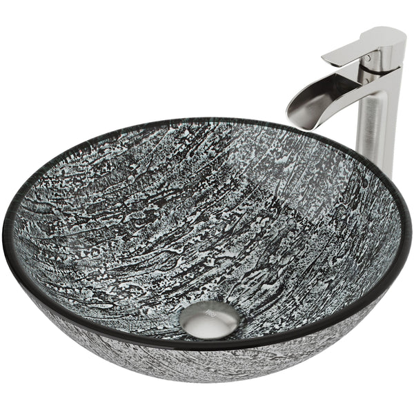 VIGO Titanium Glass Slate Grey Bathroom Sink/Basin Set with Niko Faucet and Round Vessel C6