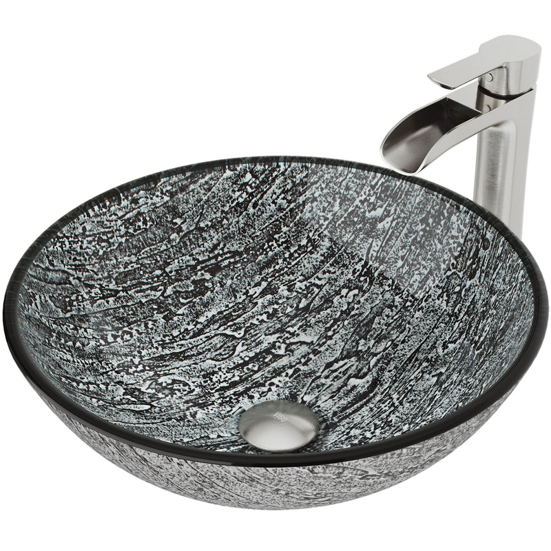 VIGO Titanium Glass Slate Grey Bathroom Sink/Basin Set with Niko Faucet and Round Vessel C6