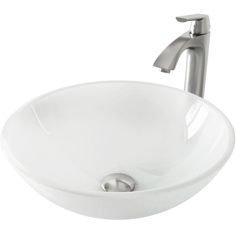 VIGO White Frost White Bathroom Sink/Basin Set with Linus Faucet and Round Glass Vessel V6