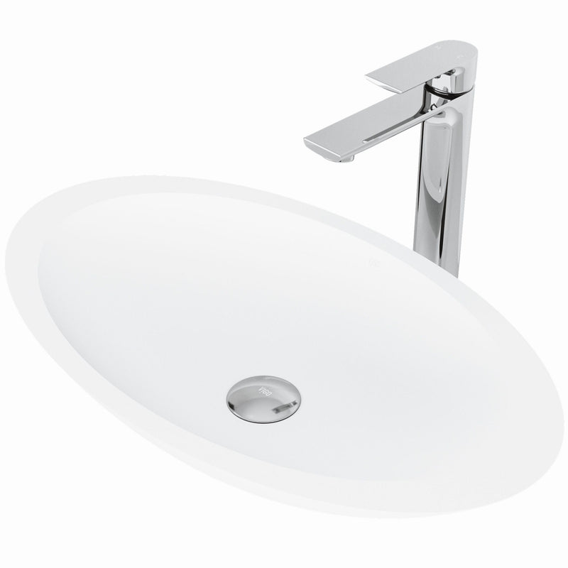 VIGO Wisteria MatteStone White Bathroom Sink/Basin Set with Norfolk Faucet and Oval Composite Vessel G5