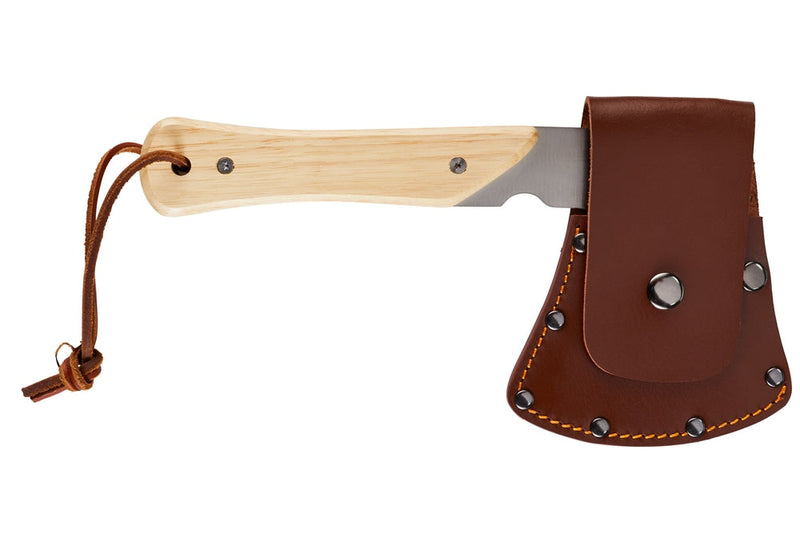 Woods Mini Pack Axe, Steel Single-Bit Hatchet Axe with Wooden Handle, Leather Sheath & Strap M6