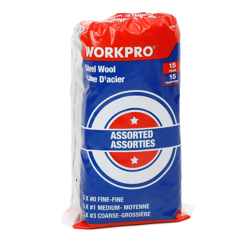 Workpro Steel Wool Pads For Multi-Surface Smoothing & Cleaning, Assorted Grade Pack, 15-pk O9