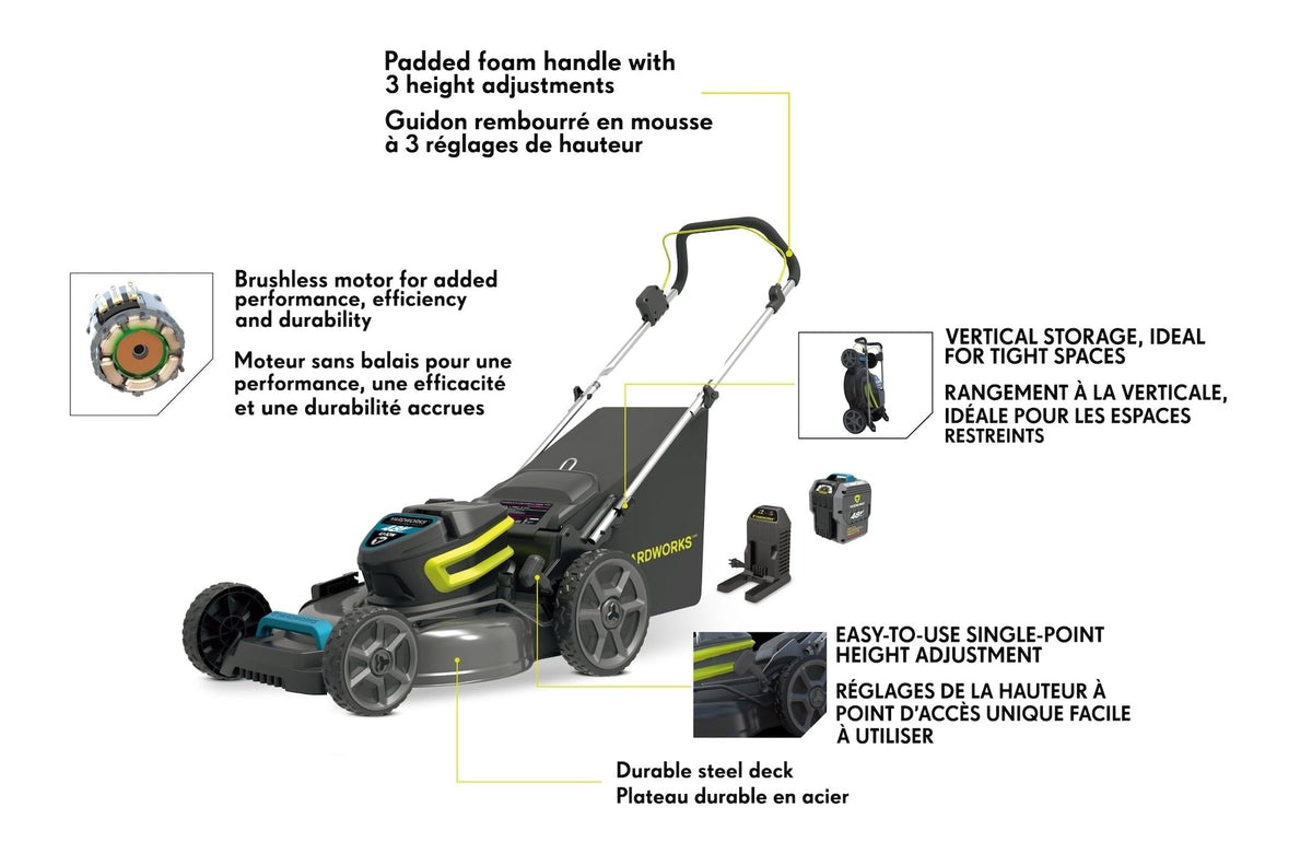 Yardworks 48V 3-in-1 Cordless Brushless Push Lawn Mower, 20-in with 5Ah Battery & Charger